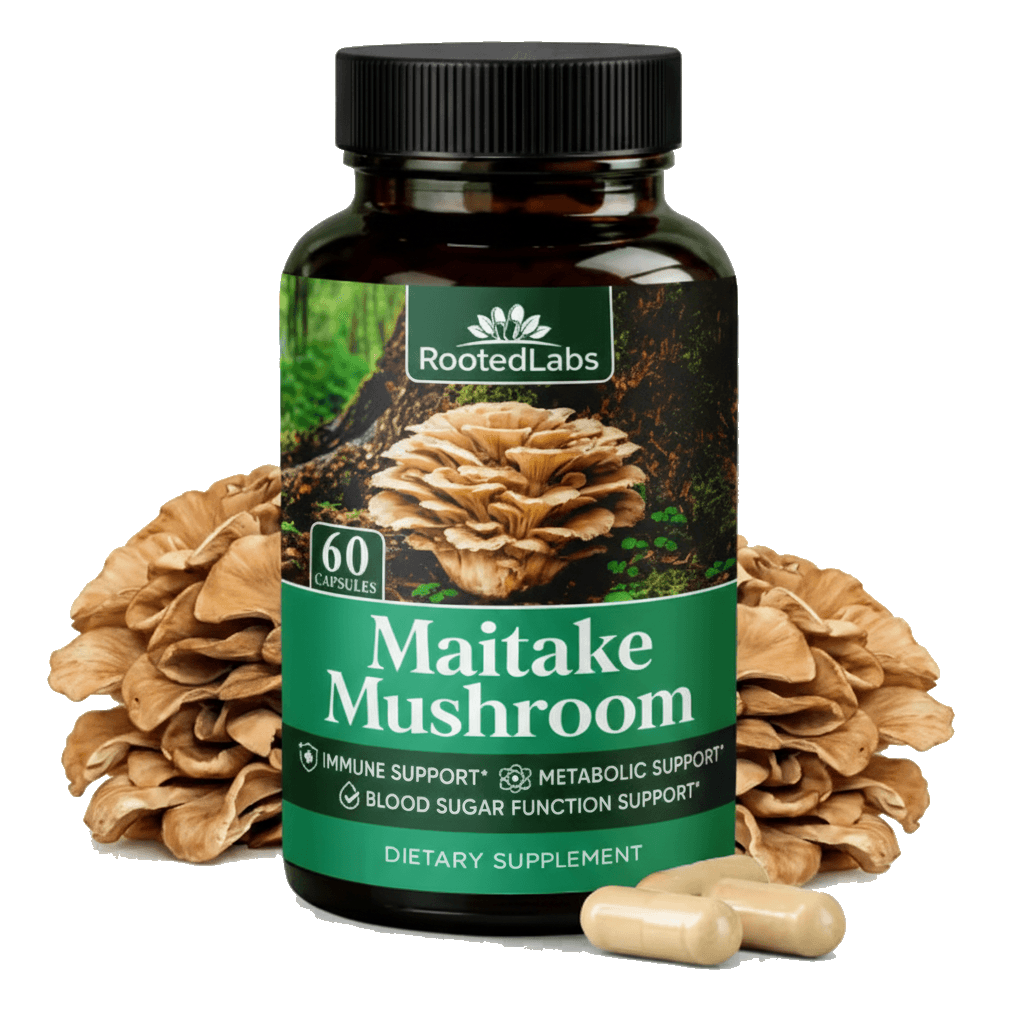 RootedLabs Maitake Mushroom Capsules - 60 count bottle with fresh maitake mushrooms