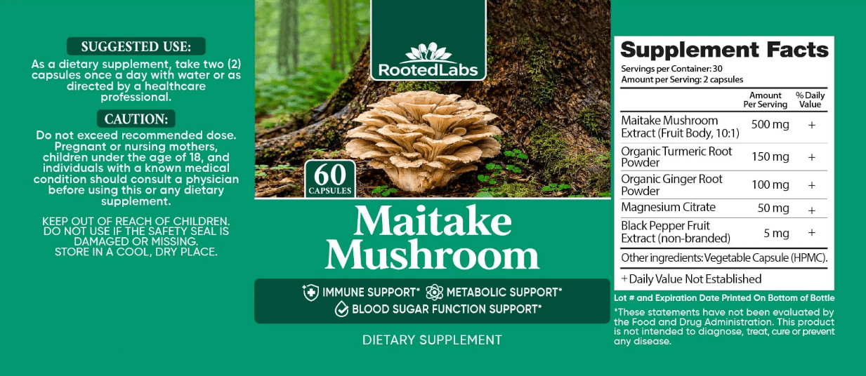 RootedLabs Maitake Mushroom Supplement Facts Label