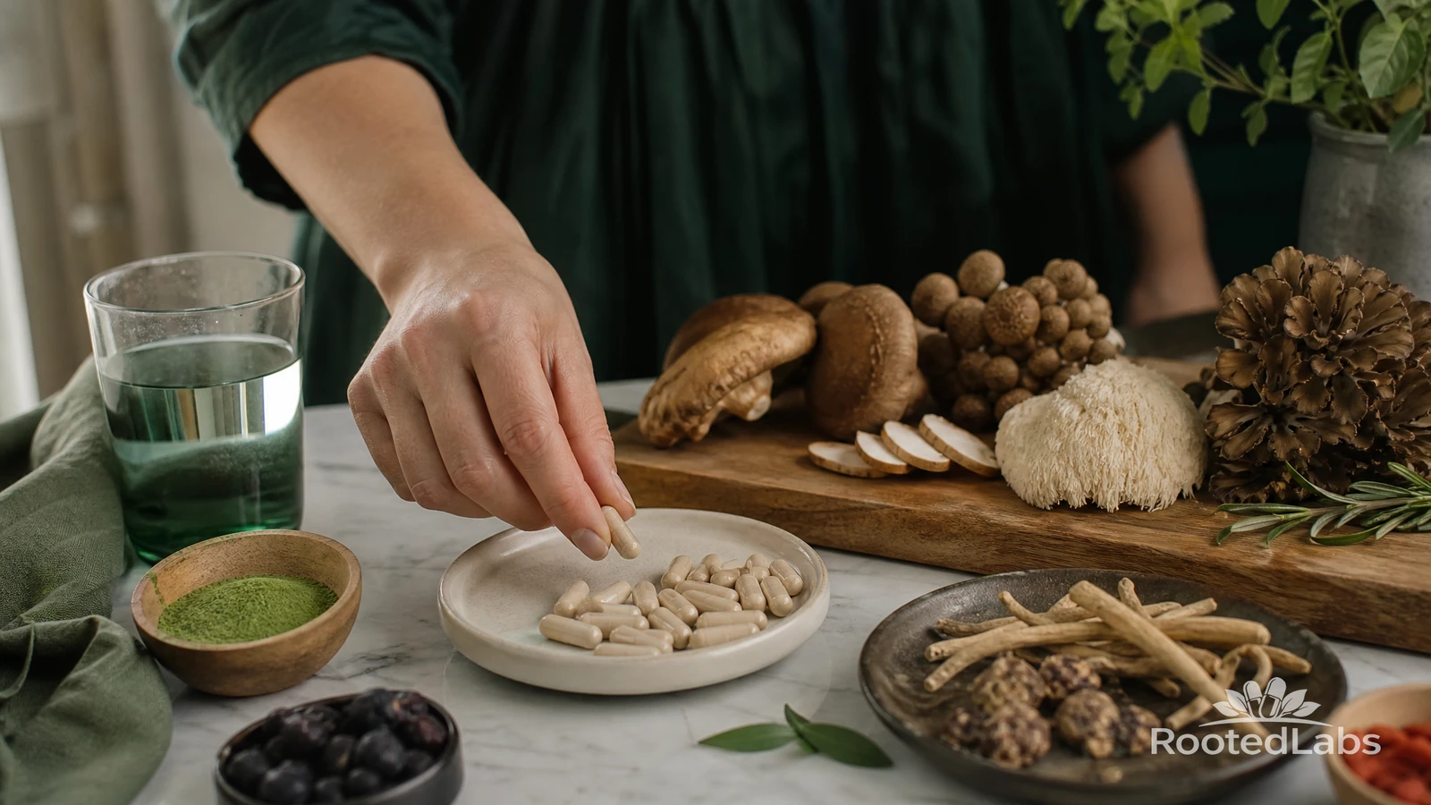 Hand placing capsules on a plate beside shiitake, maitake, lion's mane mushrooms, dried roots, green powder and a glass of