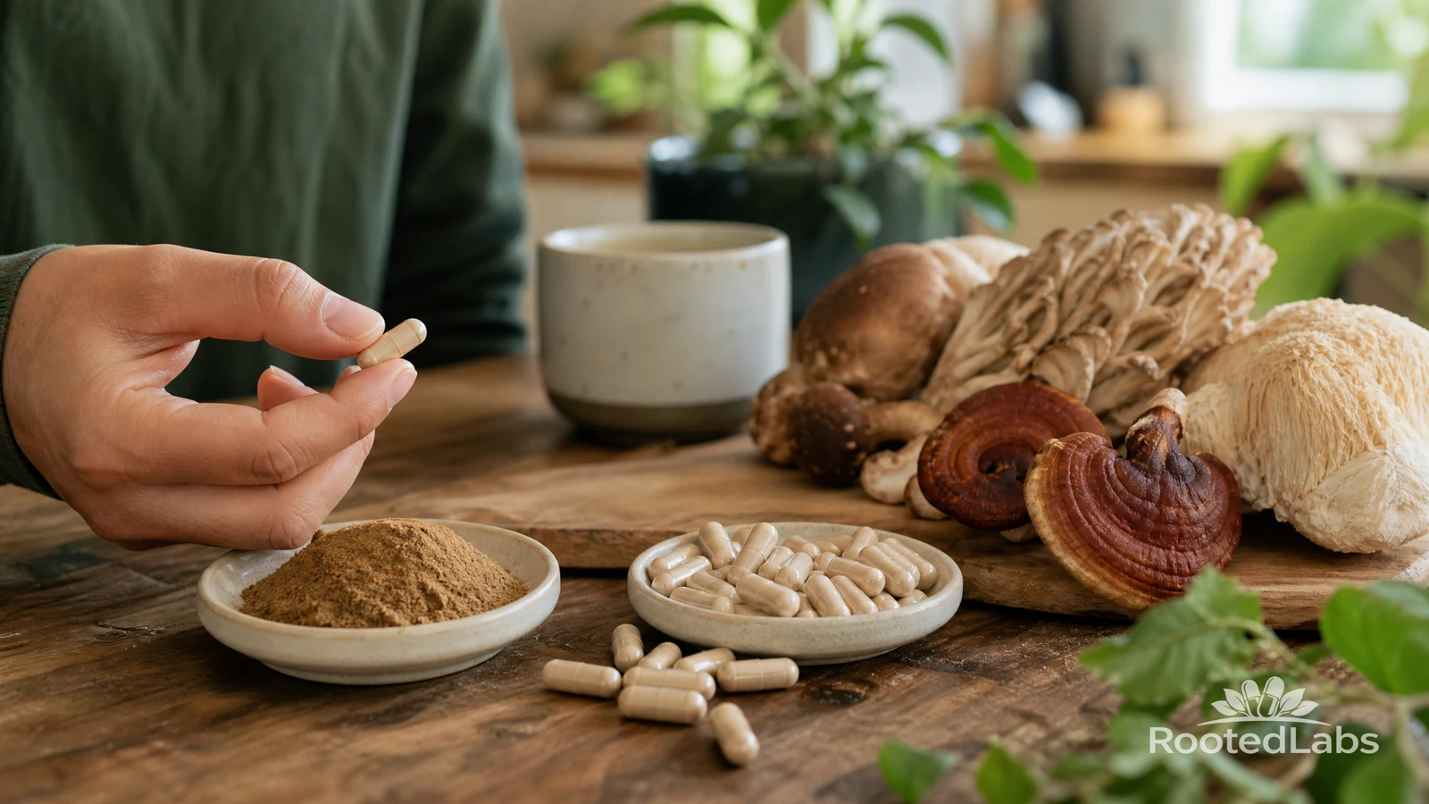 Hand holding a capsule above dishes of mushroom powder and capsules, with maitake, reishi and lion's mane on a wooden table