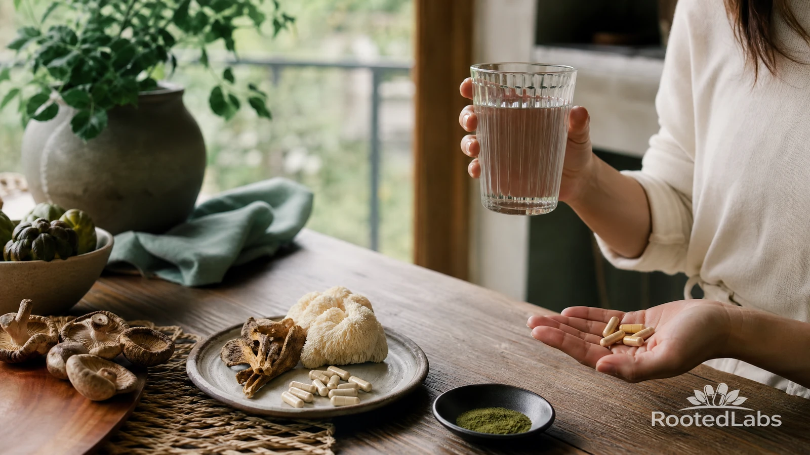 Woman holding a glass of water and capsules at a wooden table with dried mushrooms and green powder