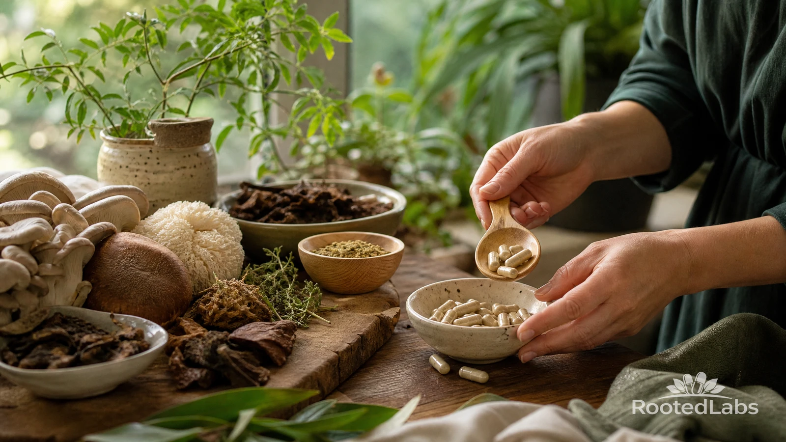 Hands spooning supplement capsules into a bowl beside oyster and lion's mane mushrooms, dried mushrooms, and herbs on wood