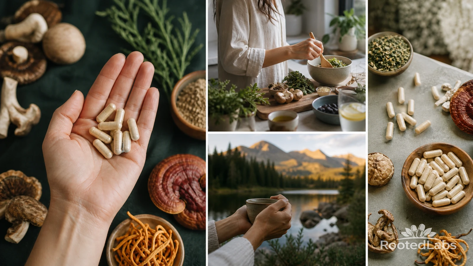Collage of a hand holding capsules beside reishi and dried mushrooms, cordyceps, herbs, a lakeside tea mug, and capsule bowls