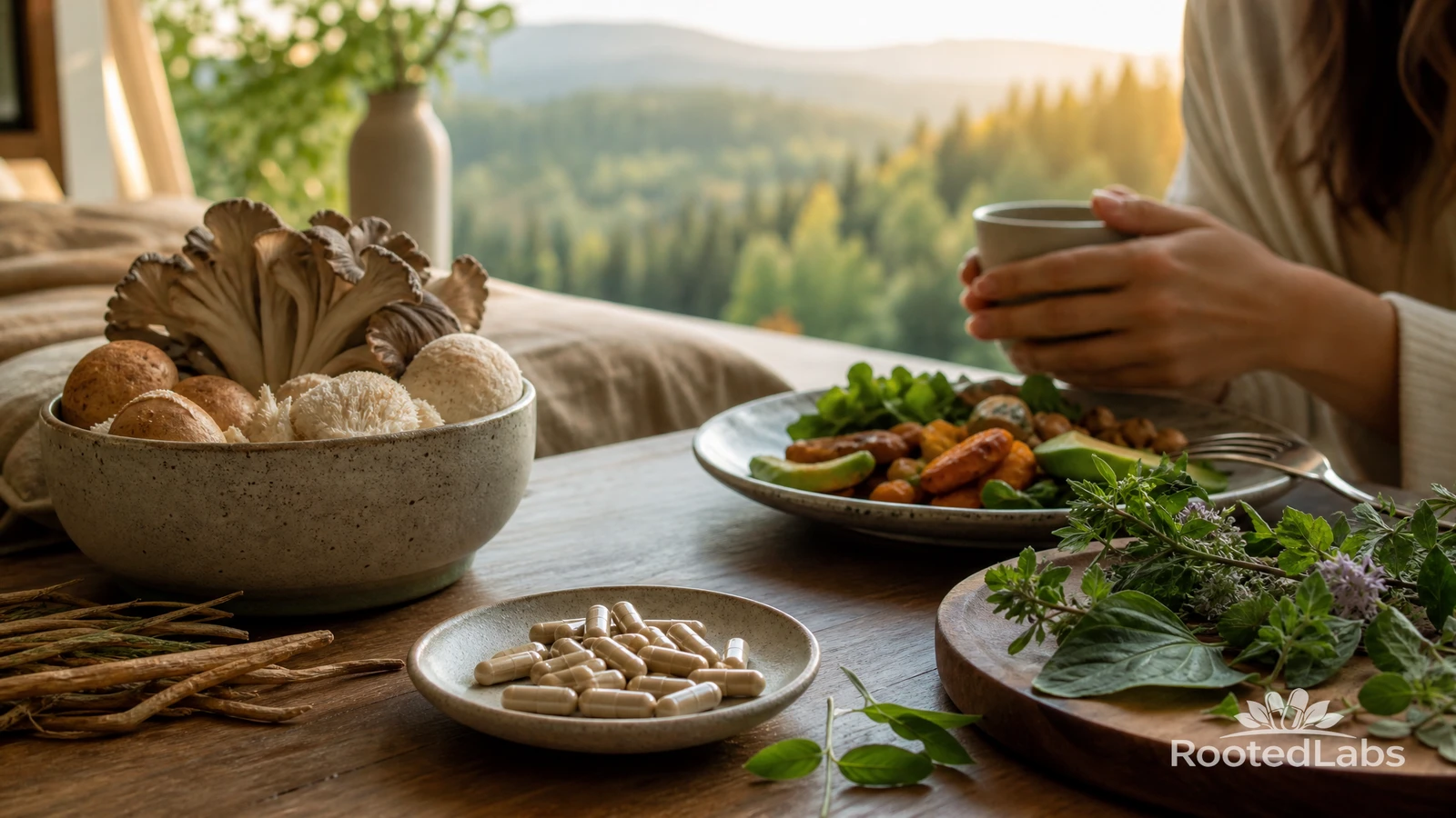 Bowl of maitake and lion's mane mushrooms, dish of capsules, roasted vegetable plate, fresh herbs, and hands holding tea by