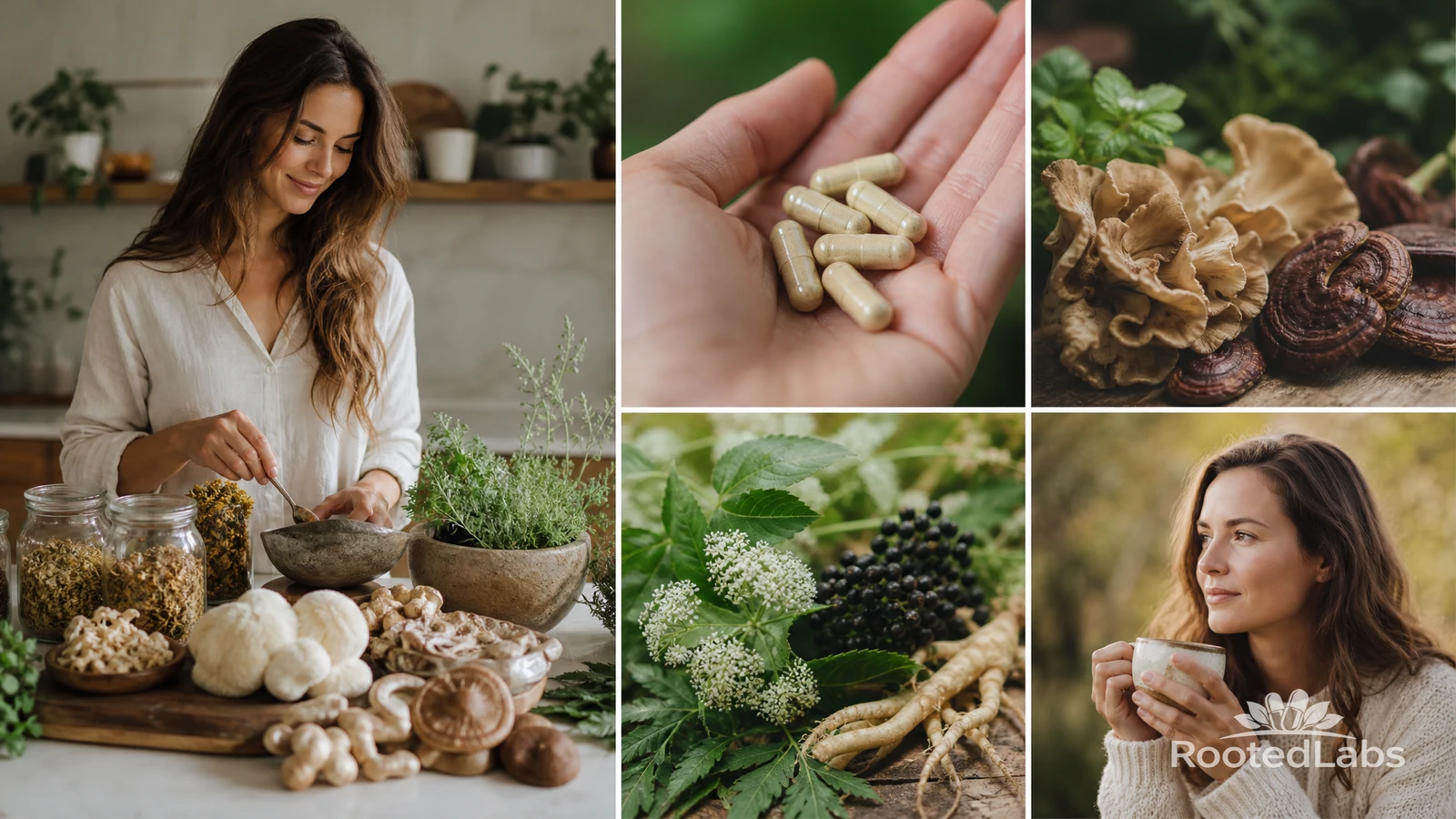 Collage of a woman preparing herbs and mushrooms, capsules in a palm, maitake and reishi mushrooms, elderberries, and a