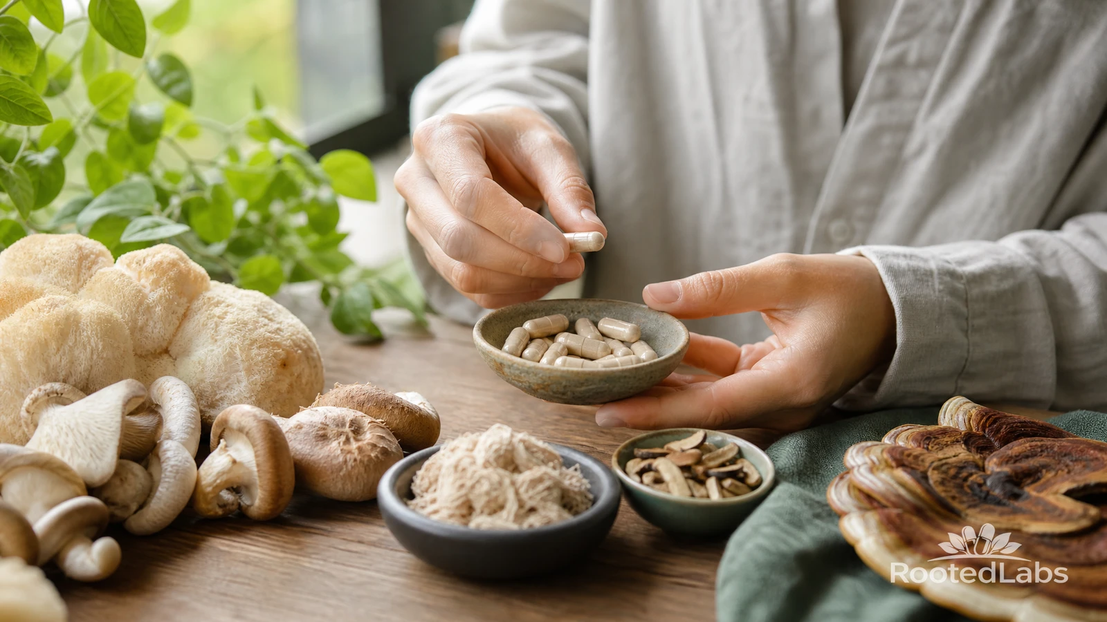 Hands holding a bowl of mushroom capsules on a wooden table with lion's mane, shiitake, reishi and powder