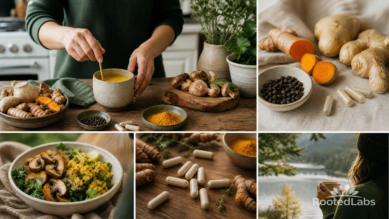 Collage of turmeric root, ginger, black peppercorns, capsules, mushrooms, a golden latte mug and a woman with tea