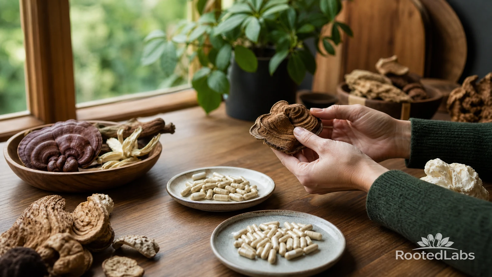 Hands holding a dried reishi mushroom at a wooden table with bowls of mushrooms and dishes of supplement capsules