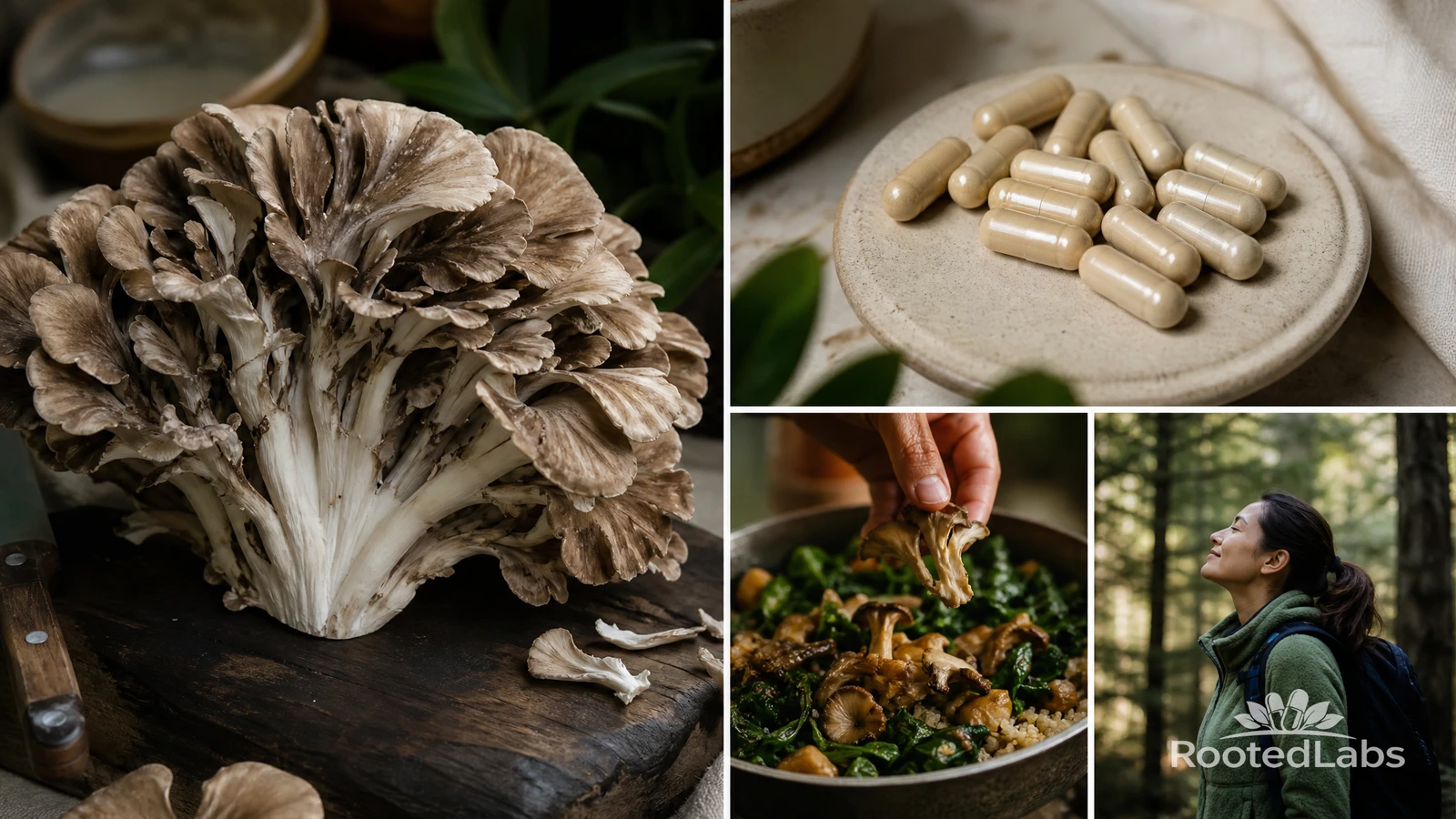Maitake mushroom cluster on a wood board, beige capsules on a ceramic dish, a mushroom and kale bowl, and a woman in a forest