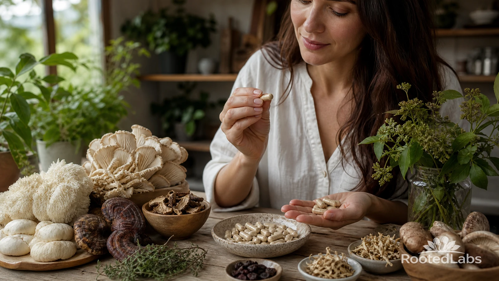 Woman holding a capsule at a table with lion's mane and reishi mushrooms, dried herbs and bowls of capsules