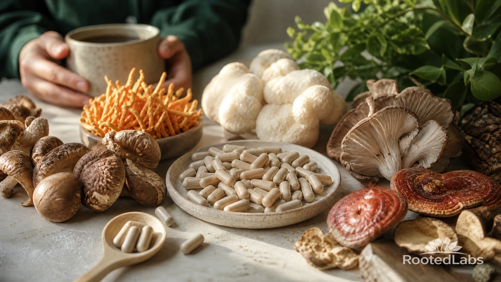 Dish of mushroom capsules surrounded by lion's mane, shiitake, reishi and cordyceps, with hands holding a mug of tea