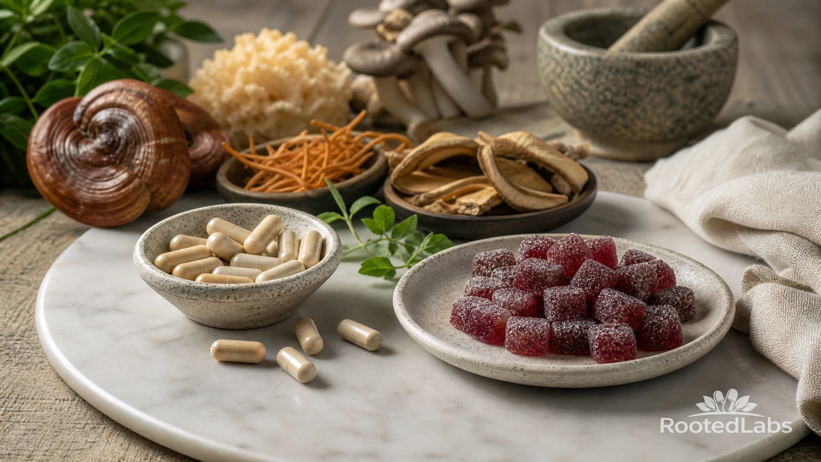 Bowl of mushroom supplement capsules beside a plate of red gummies on marble, with reishi, lion's mane and dried roots
