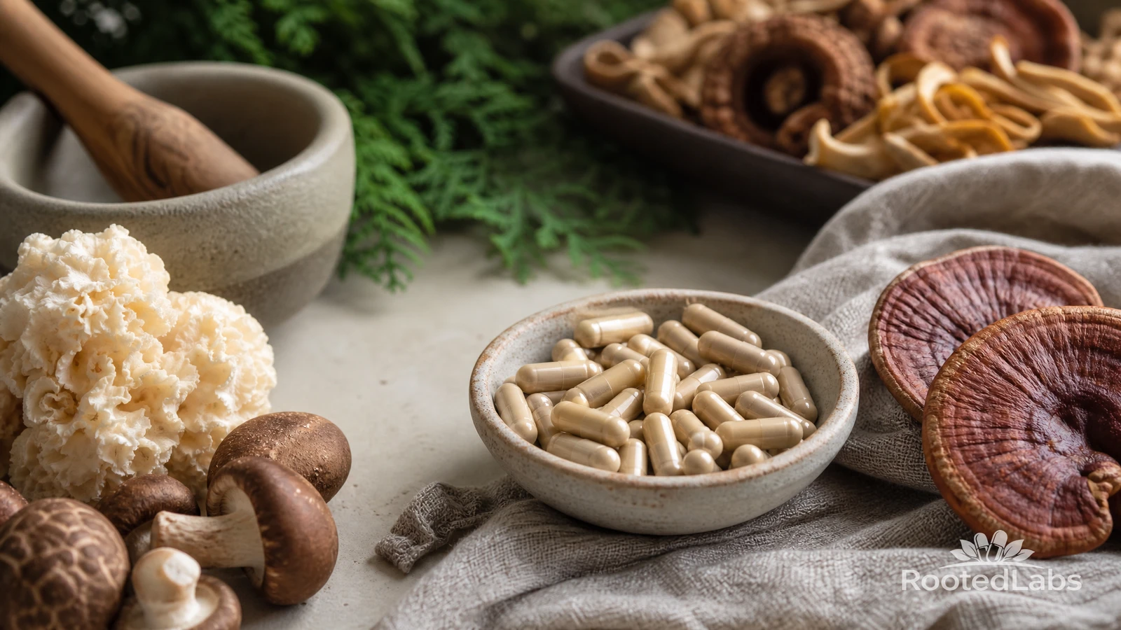 Bowl of beige mushroom supplement capsules surrounded by lion's mane, shiitake and reishi mushrooms and a mortar