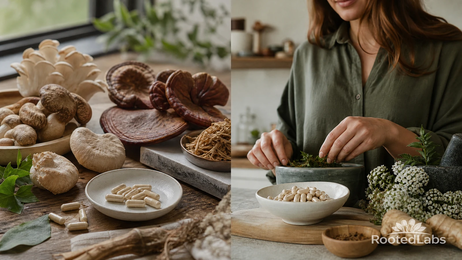 Split scene: maitake, reishi and other mushrooms with capsules on wood; woman adding herbs to a mortar beside a bowl of