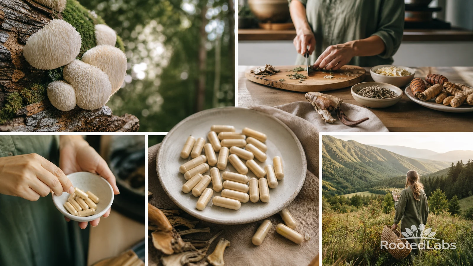 Collage of lion's mane mushrooms on a log, herbs chopped on a kitchen counter, capsules on a plate, and a forager on a