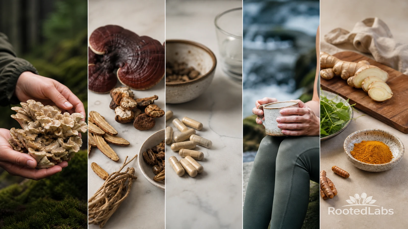 Five panels: hands holding maitake, reishi and dried herbs, capsules on marble, hands with a mug, ginger and turmeric