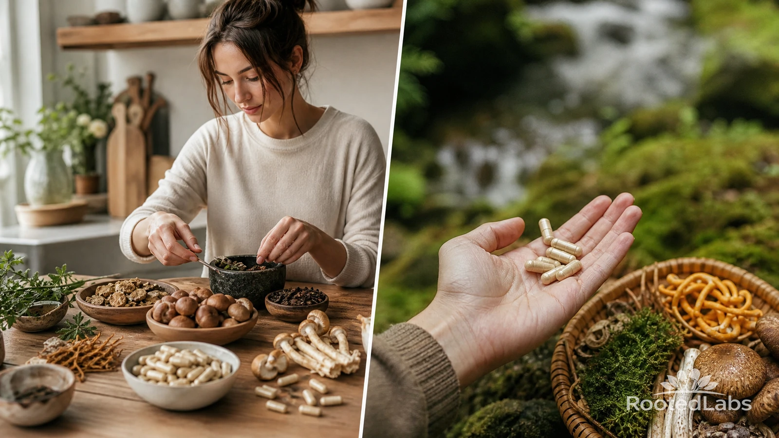 Woman preparing dried mushrooms and capsules at a kitchen table, beside a palm of capsules over a mossy forest basket