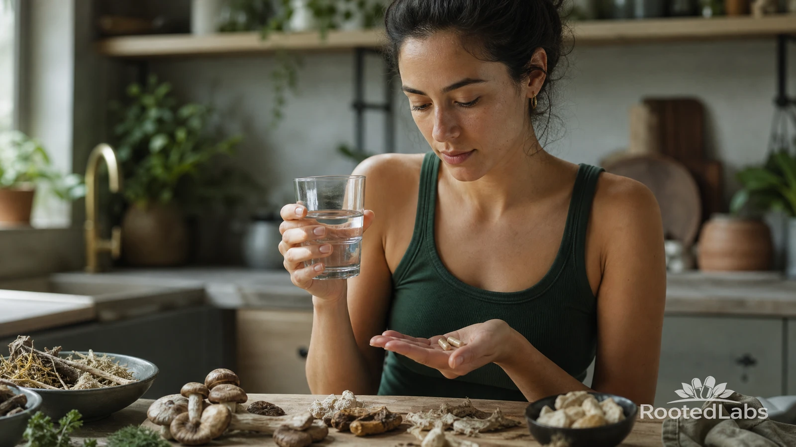 Woman at a kitchen counter holding a glass of water and capsules, with dried mushrooms and herbs on the table